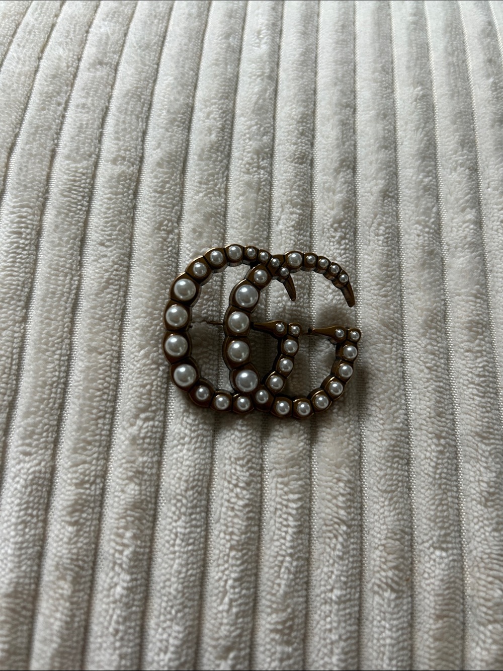 022. Pearl-Trimmed Double-Circle Upcycled Stamped Brooch in Antique Gold.